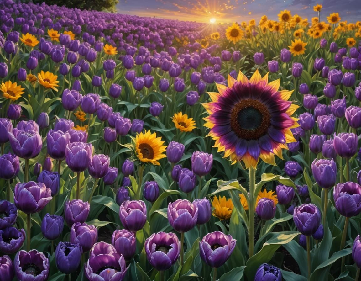 Giant Purple Sunflower Oil Painting in Romantic Style