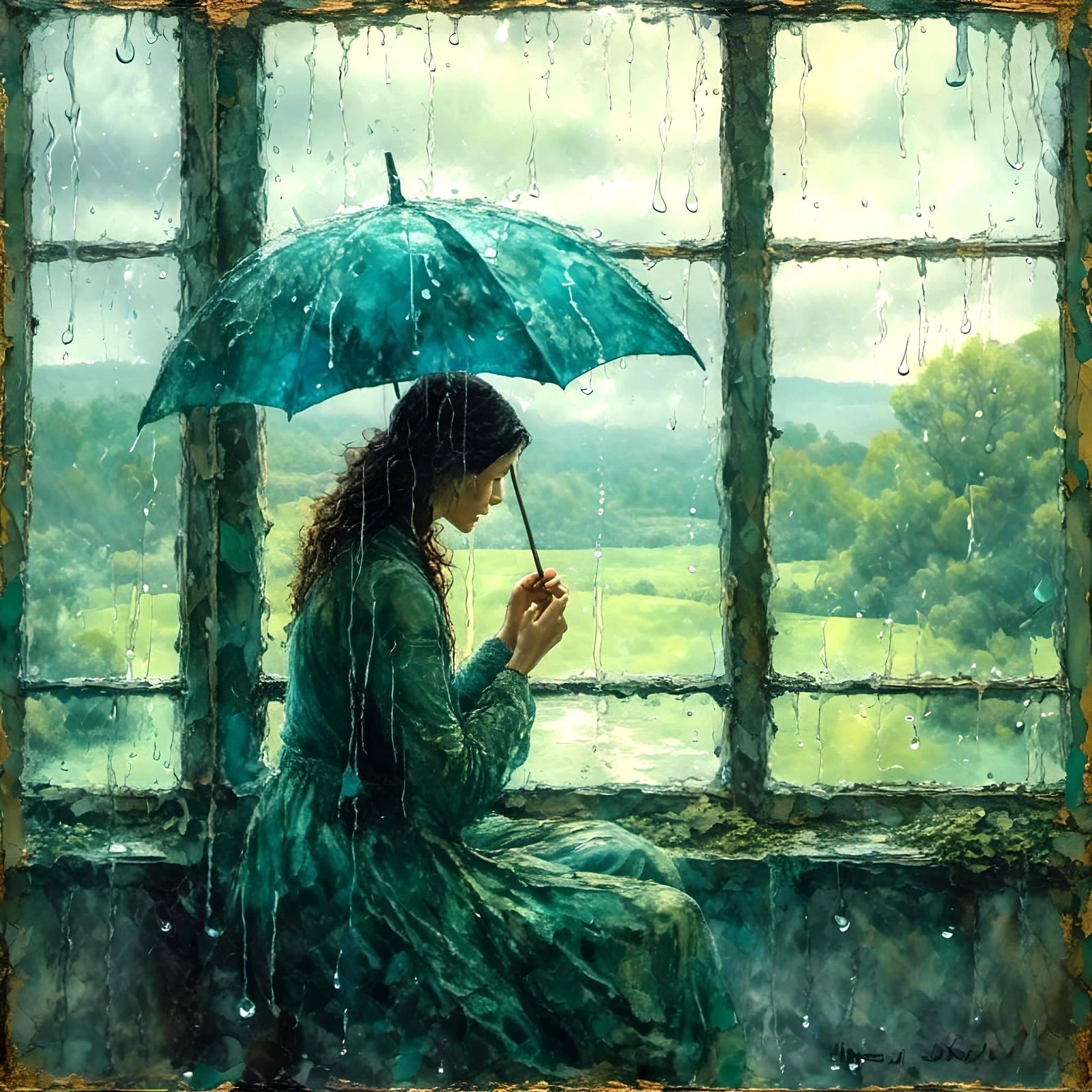 Melancholy Figure Gazing at Rainy Landscape