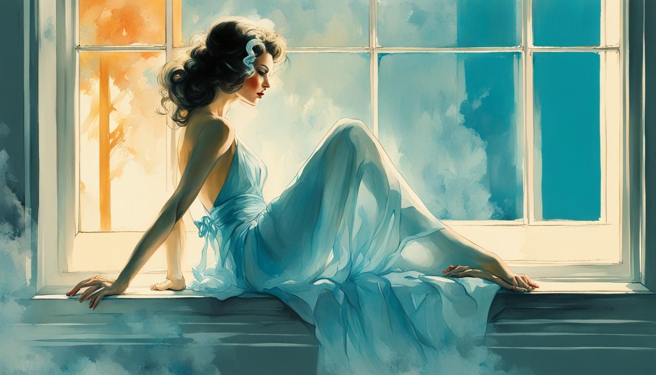 Envy: Young Woman at Window in Gouache Style