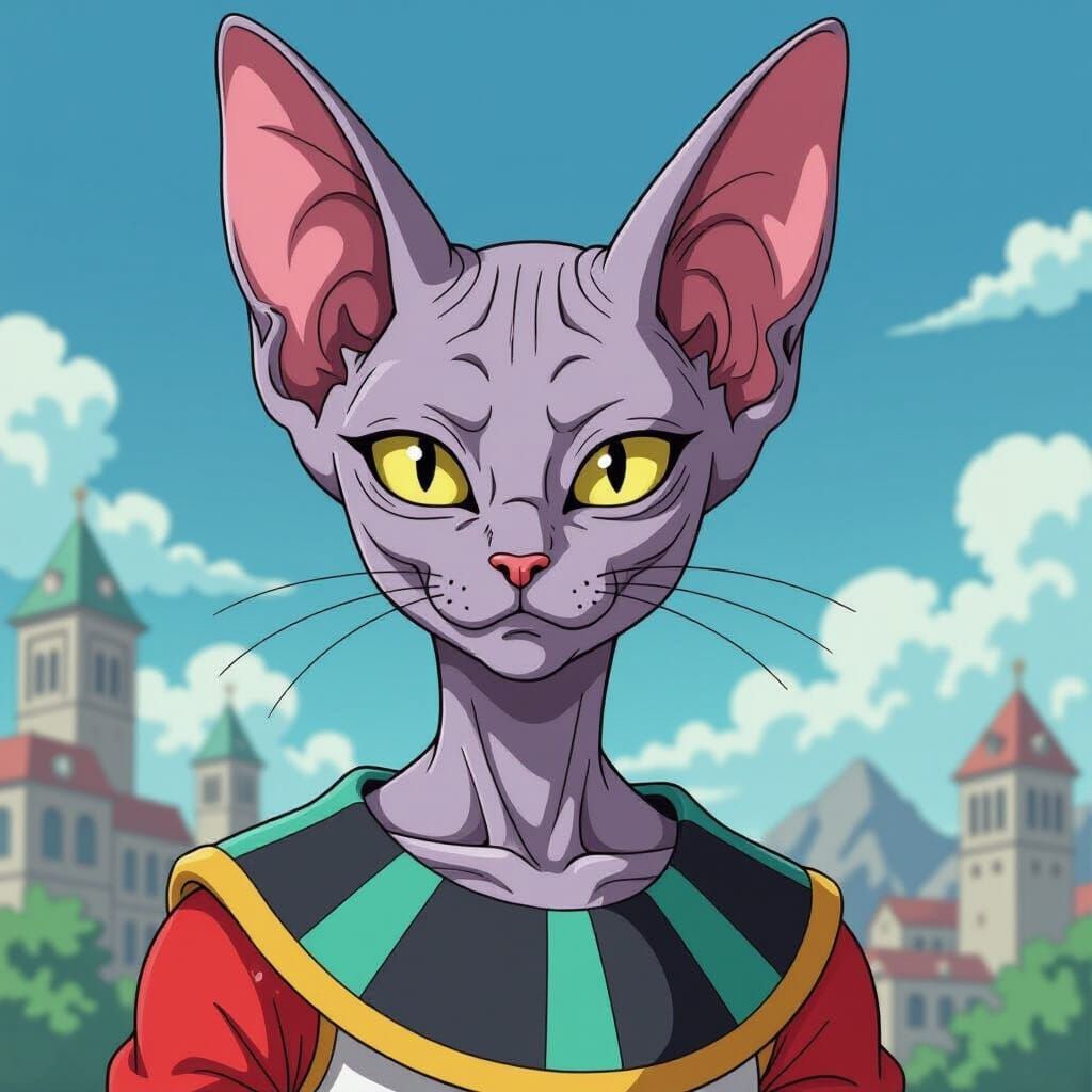Beerus as Sphynx Cat in Cel-Shaded Anime Style
