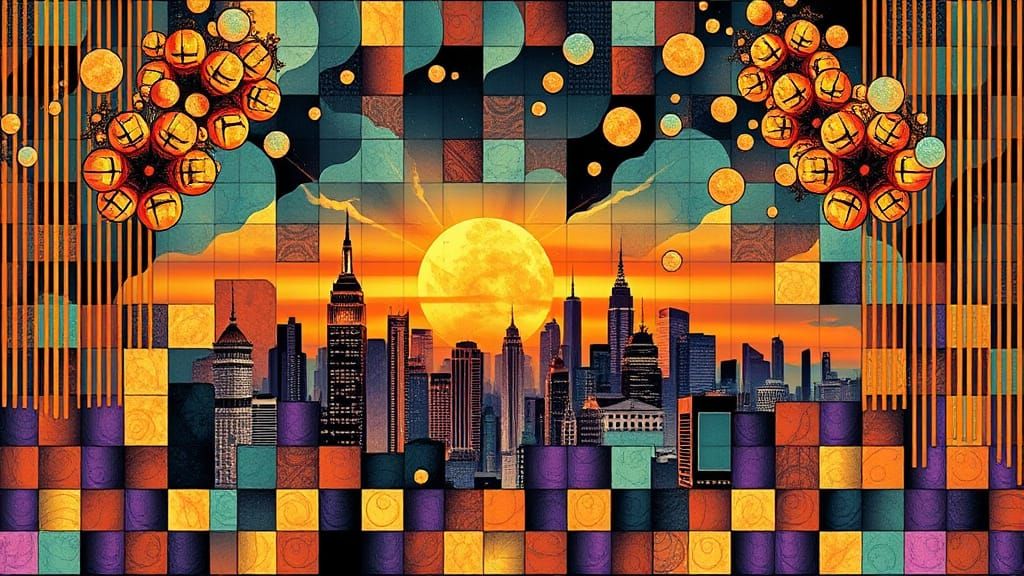 Vibrant Sunset Cityscape Mosaic in Geometric Abstraction