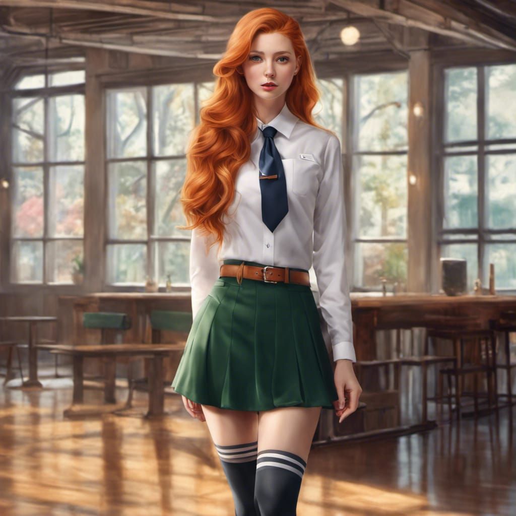 Ginger College Woman in School Uniform: Hyperrealistic Digit...