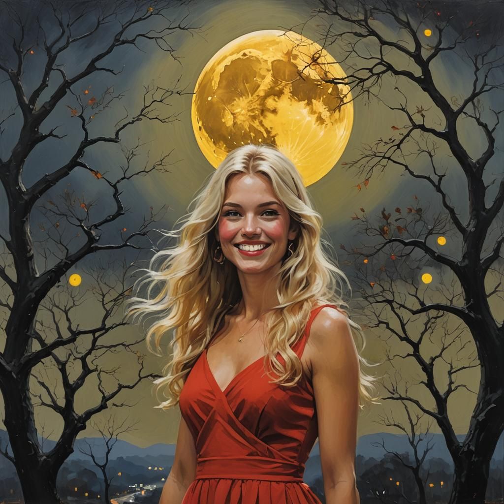 Girl Posing Under Moon in Oil Painting Style