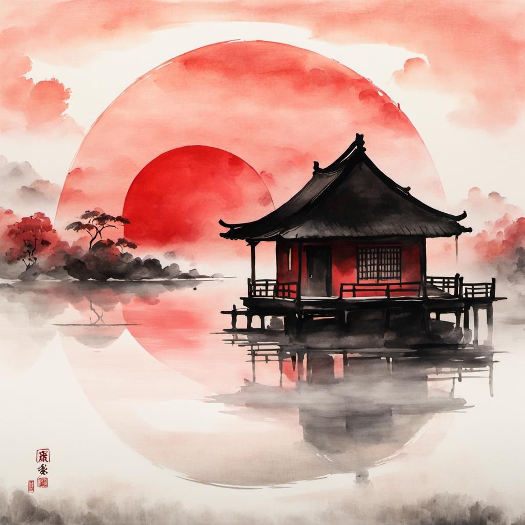 Foggy Lakeside Cottage in Chinese Ink Painting Style