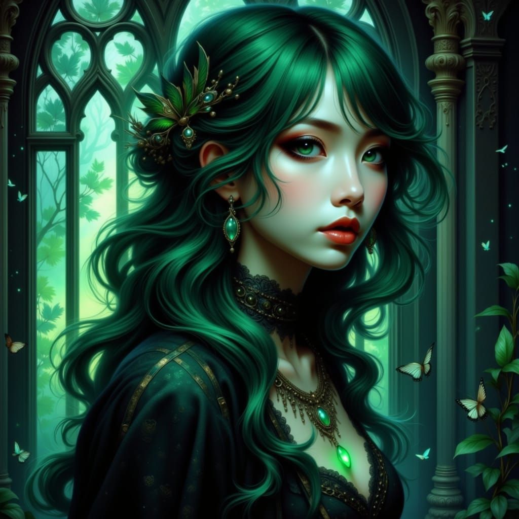 Mysterious Woman in Emerald Green Eyes, Lost in a Fantasy Wo...