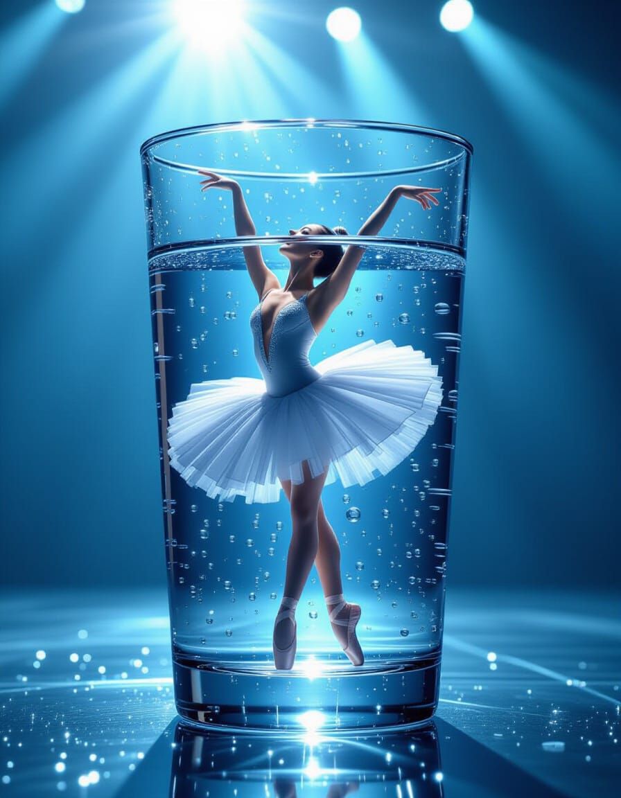 Ballerina Dancing in Water Glass on Stage