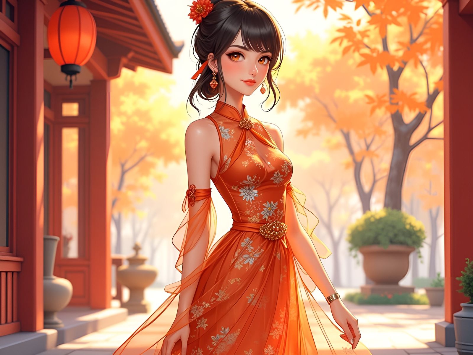 Elegant Anime Woman in Flowing Orange Dress