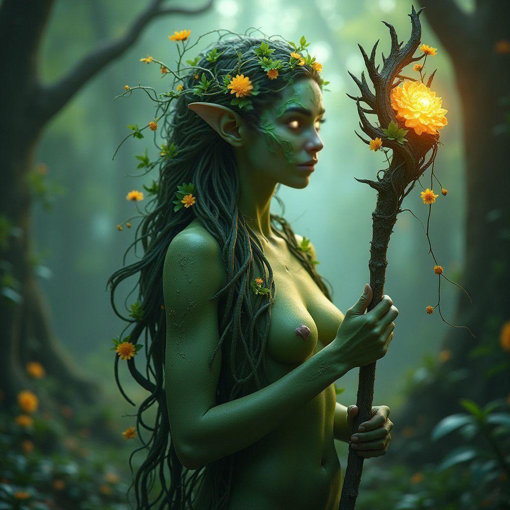 Woman with Bark Skin and Flowing Vine Hair