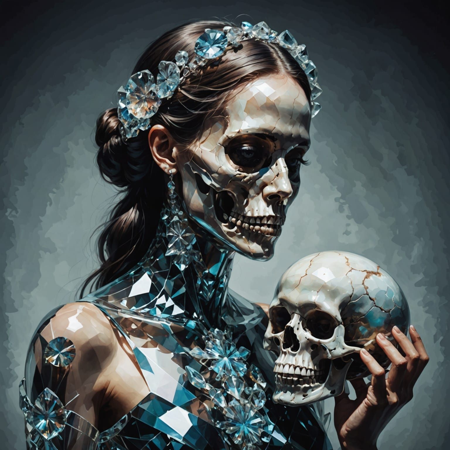 Crystal Woman Holding Skull: Detailed Digital Illustration