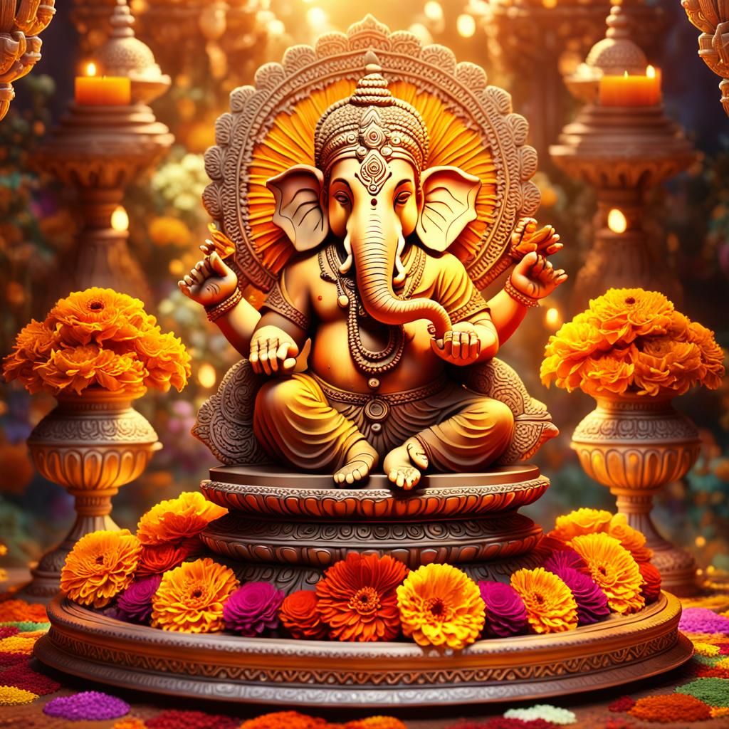 Detailed Ganesh Idol with Family in Digital Painting