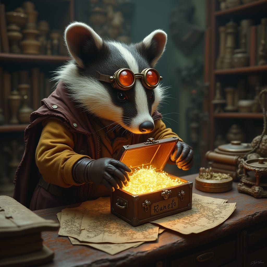 Victorian Badger Explorer Discovering Runes