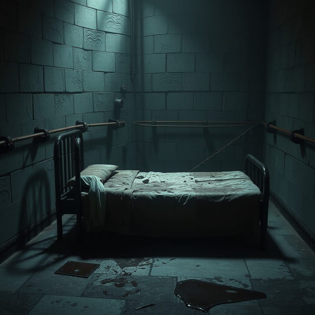 Distressed Prison Cell in Dark, Industrial Landscape