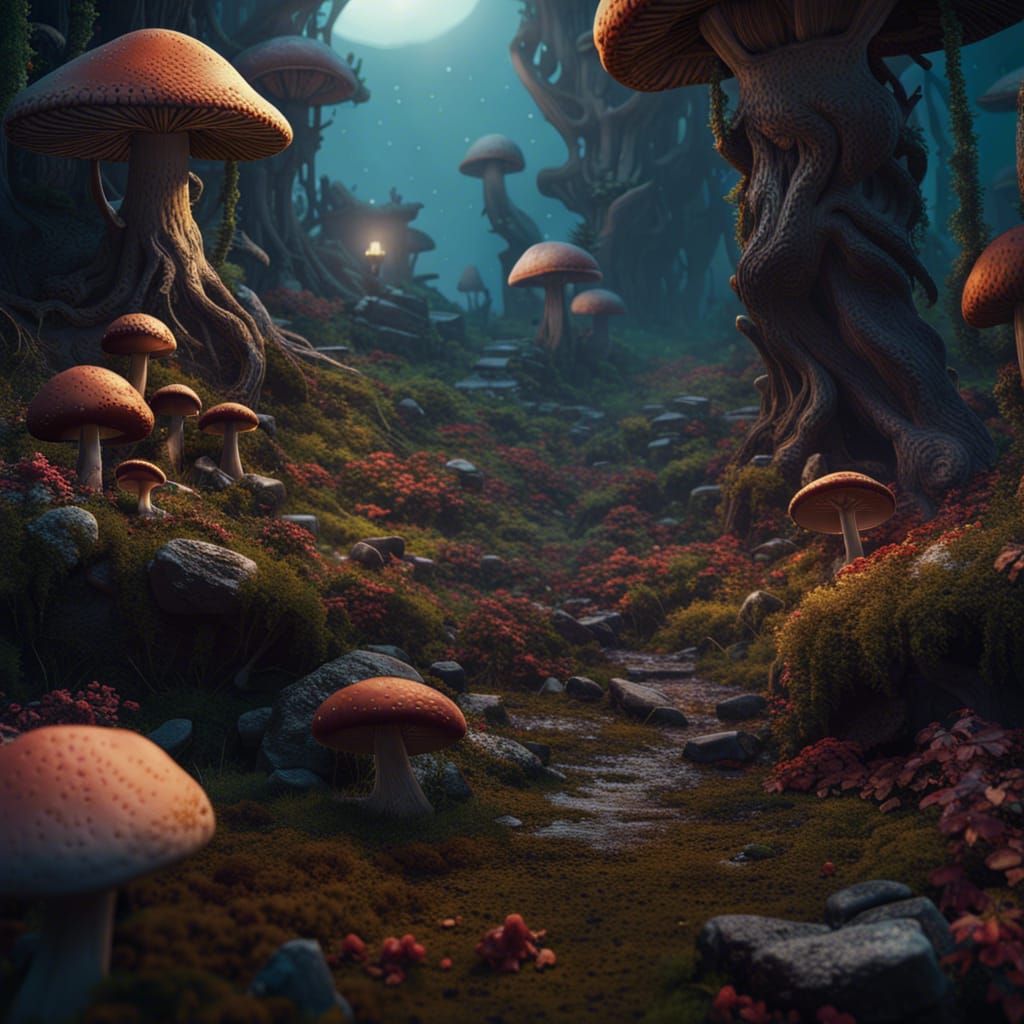 Fantastical Mushroom Landscape in Matte Painting Style