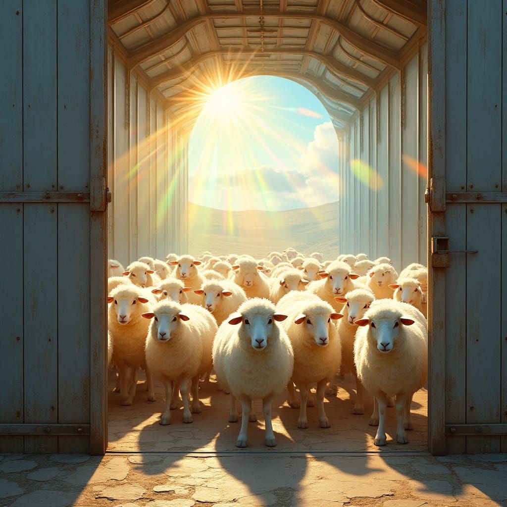 Sheep Enter Futuristic Barn in Vibrant Rainbow Light
