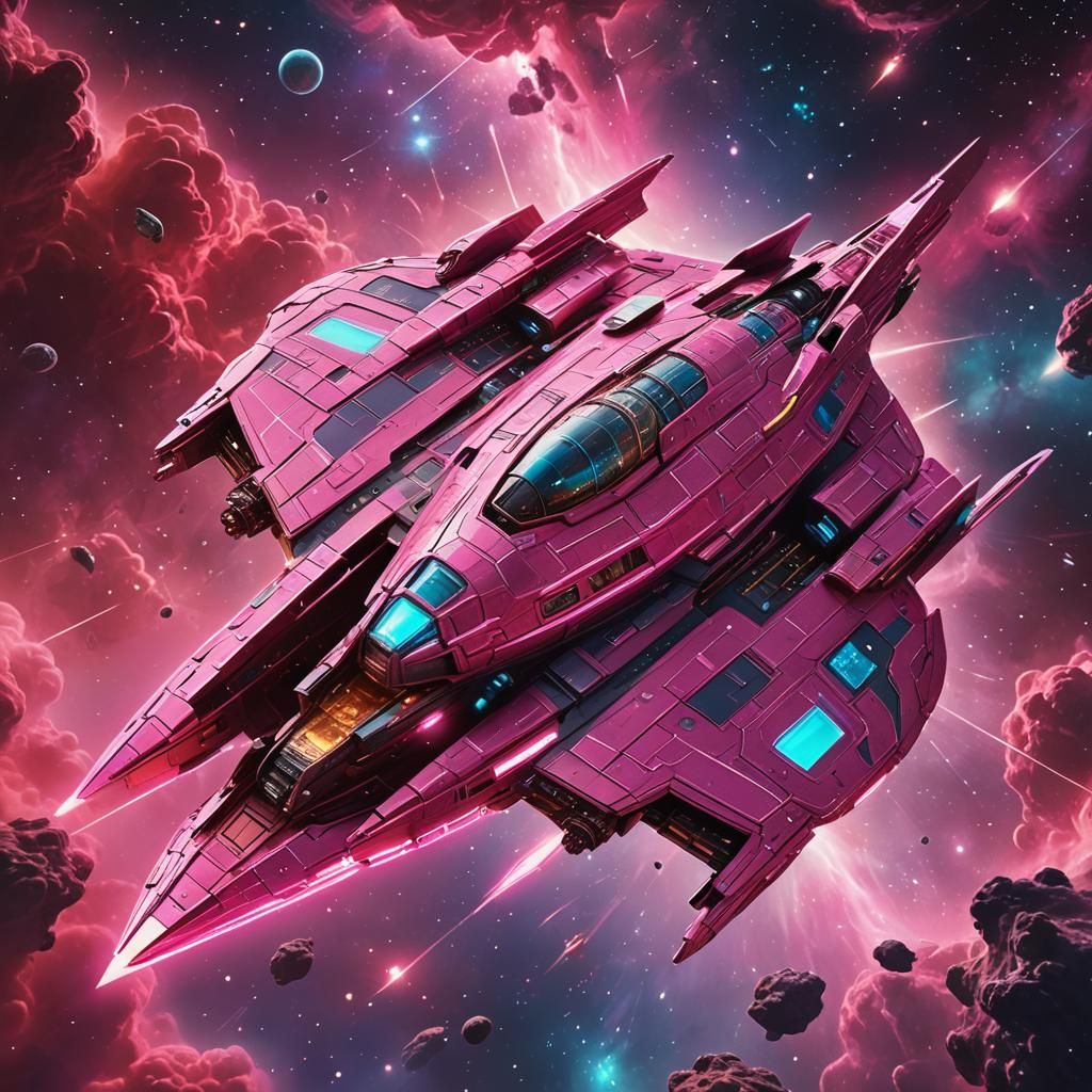Pink Spaceship Soaring Through Nebula: Concept Art