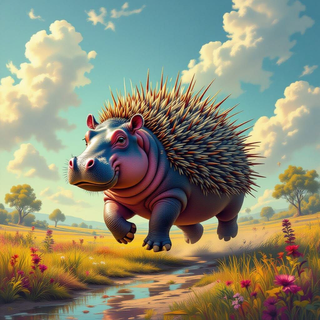 Whimsical Hippo-Porcupine in Dreamlike Landscape