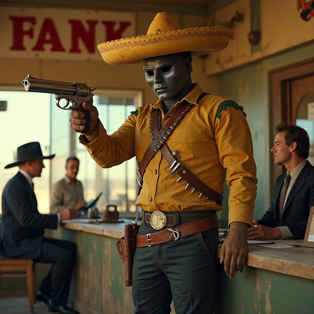 Taco Bandit Showdown in a Gritty Western Bank