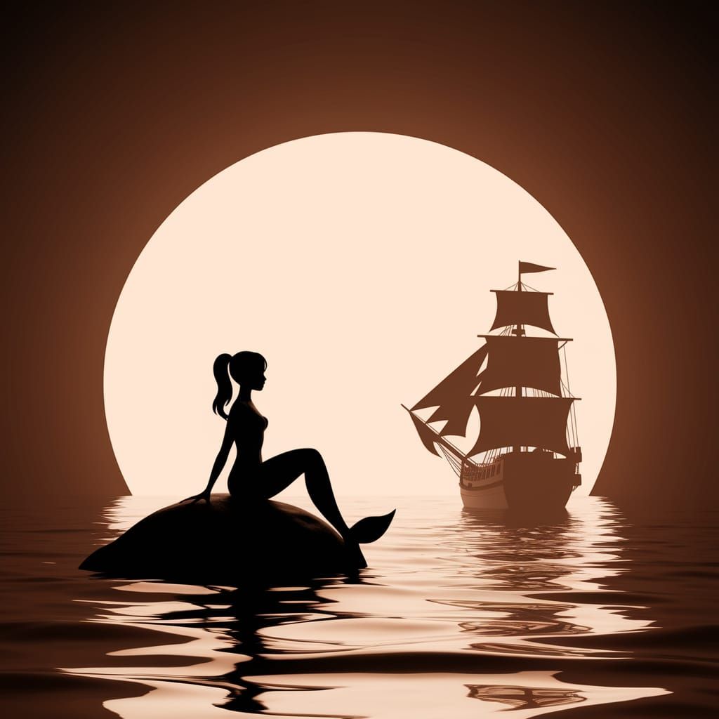 Elegant Mermaid Gazing at Ship: Minimalist Digital Art
