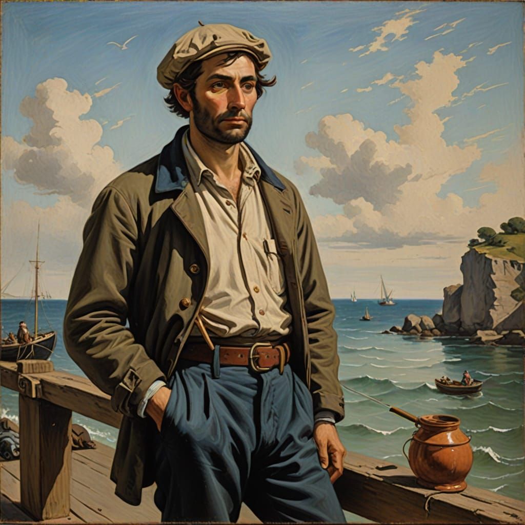 Fisherman on a Pier by the Sea