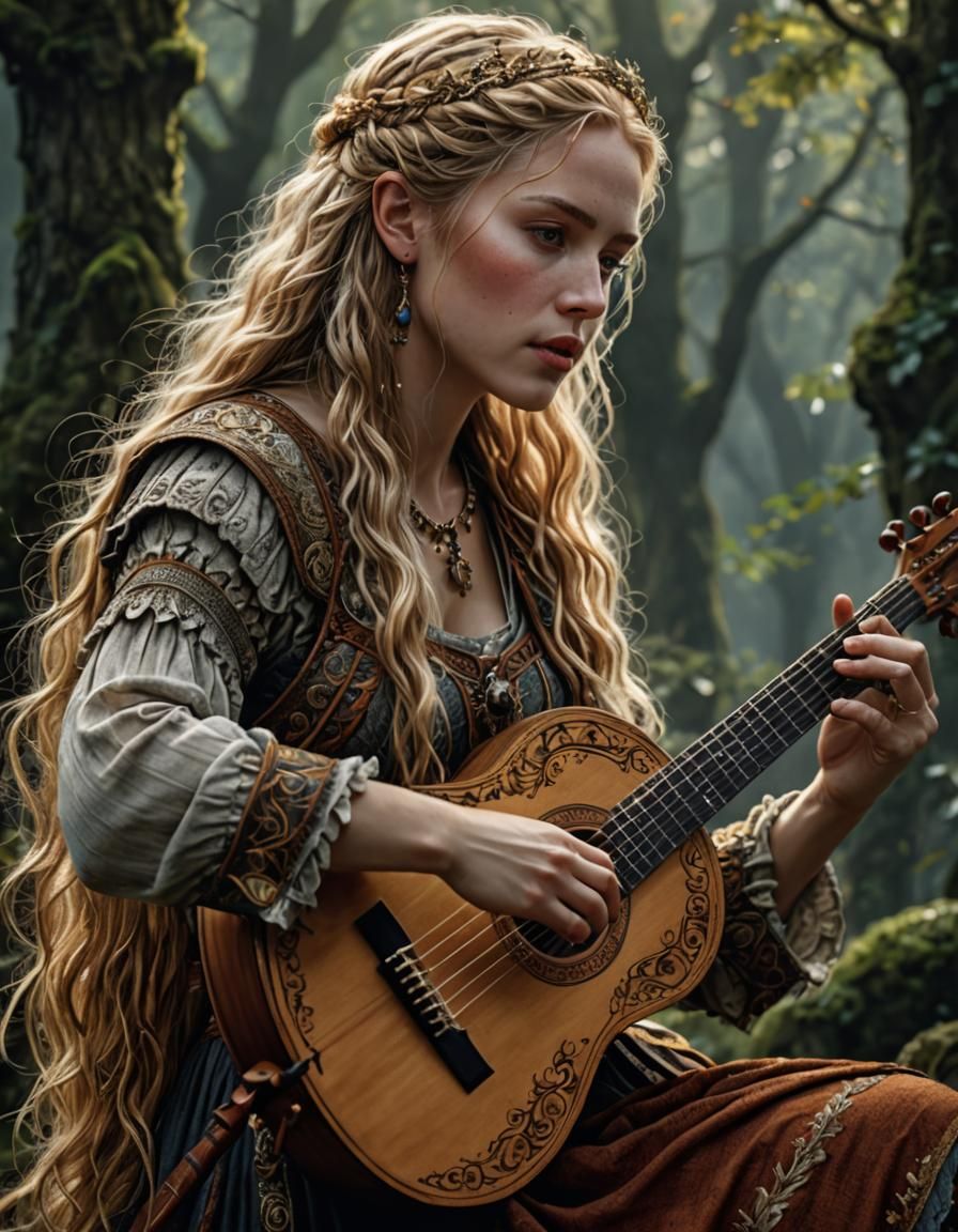 Female Bard with Lyre in Detailed Fantasy Art