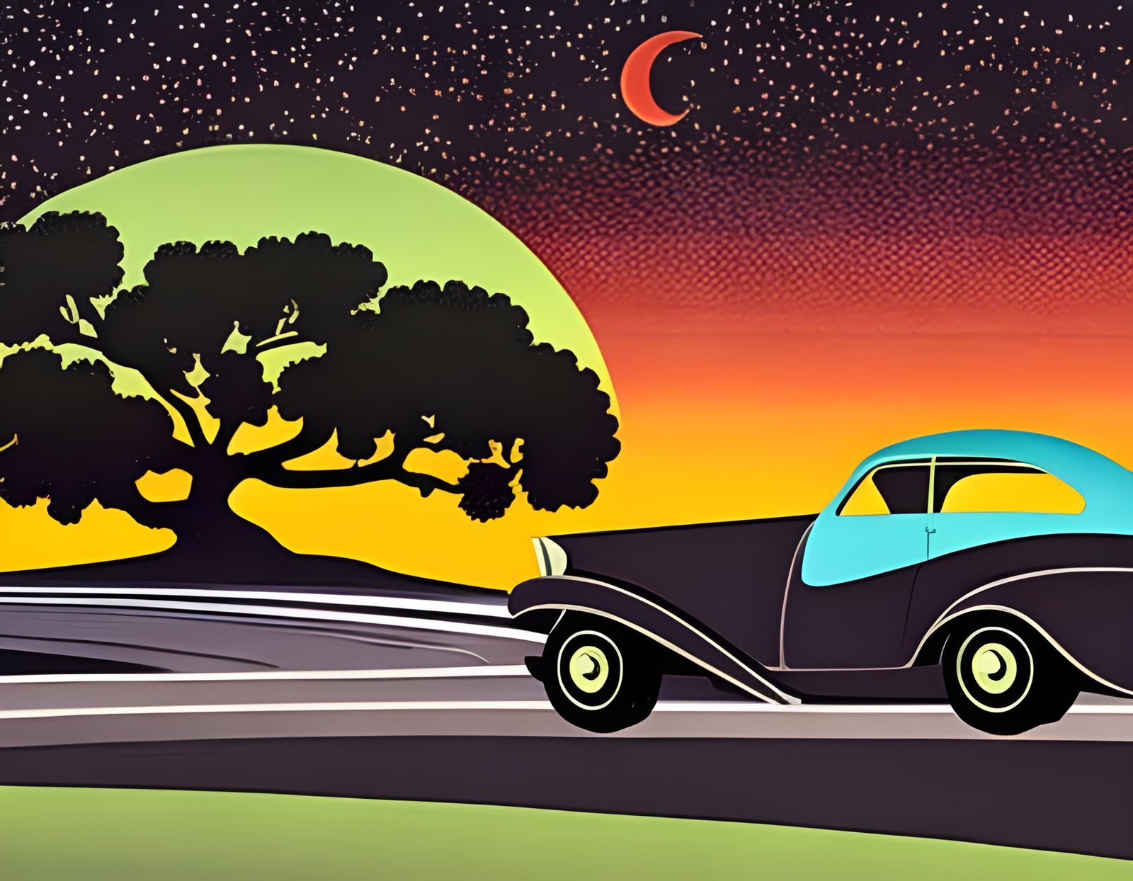 Romantic Moonlit Drive in Silhouette Animation Style