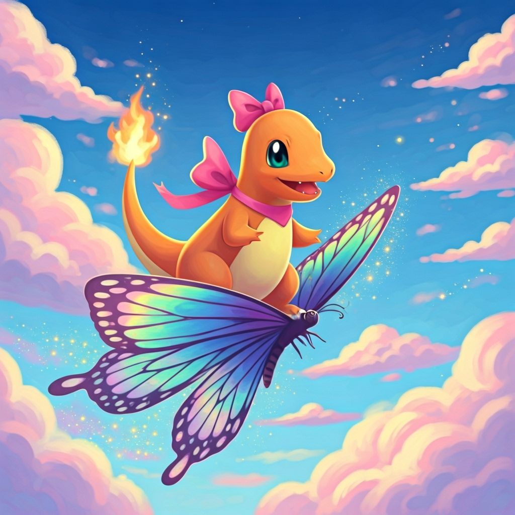 Charmander Rides Butterfly in Whimsical Pastel Dreamscape