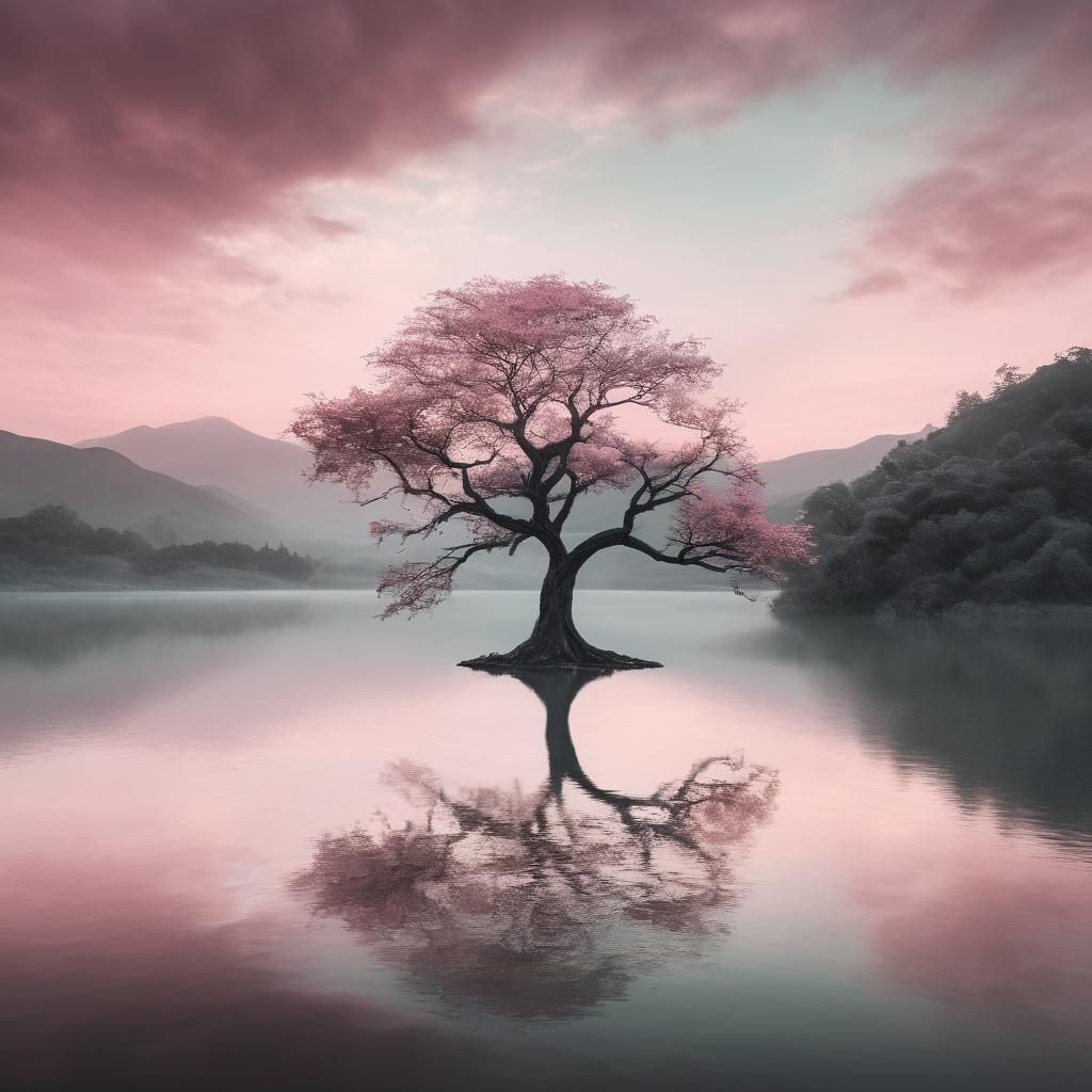 Pink Sunset: Mystical Tree in Dreamy Landscape