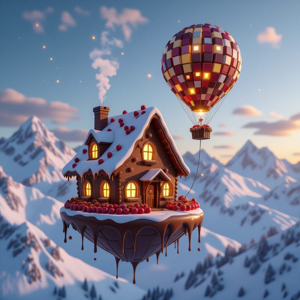 Chocolate House Floating Above Snowy Mountains in 3D