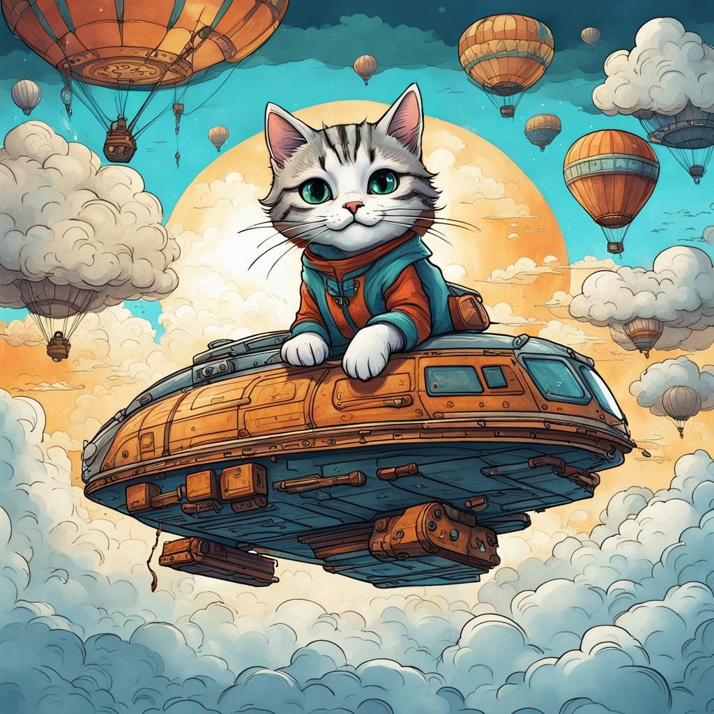 Cat Soaring on Hovercraft Coloring Page