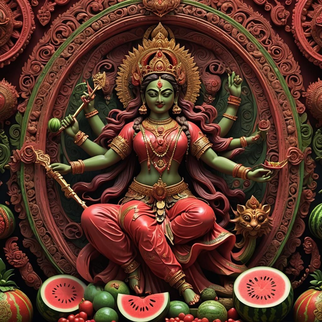 Goddess Durga Carved from Watermelon