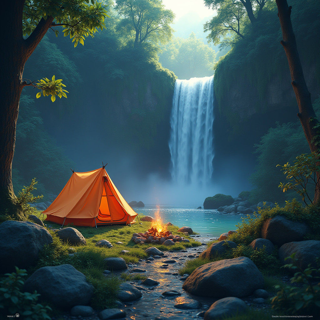 Waterfall Campsite: Fantasy Matte Painting in 8k