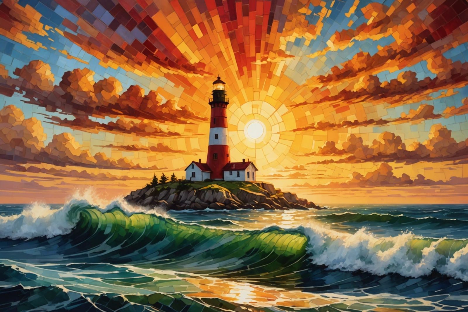 Lighthouse at Sunset: Oil, Watercolor, and Ink