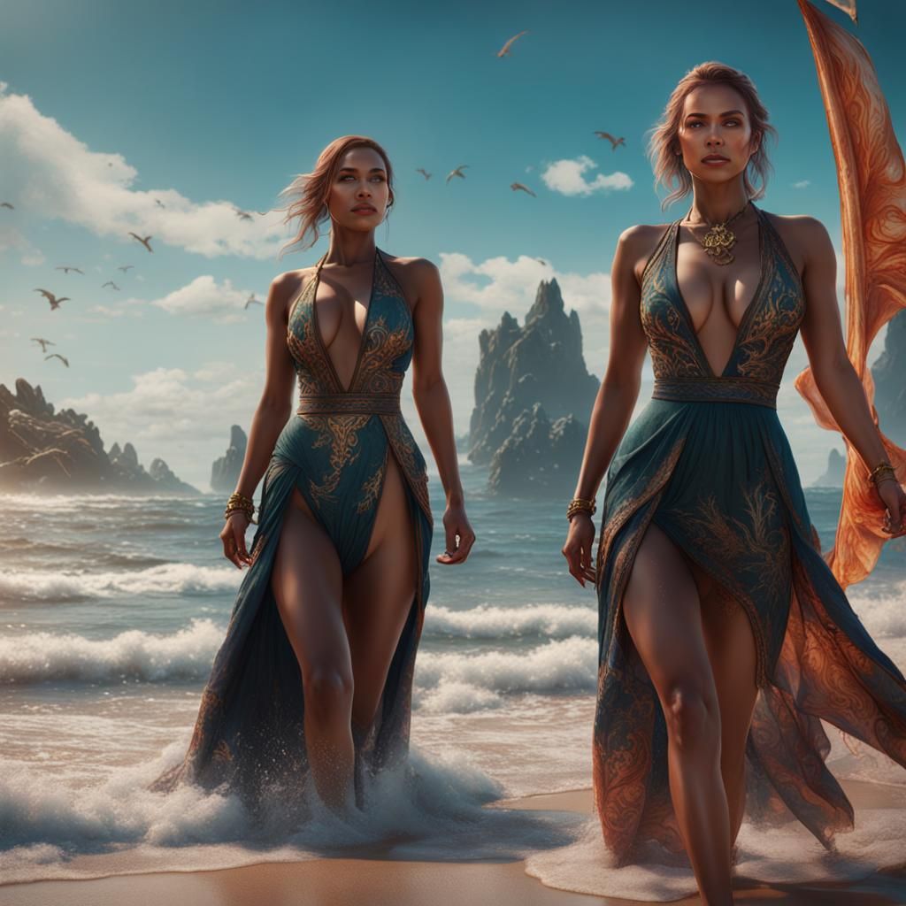 Women on a Beach: Detailed Matte Painting