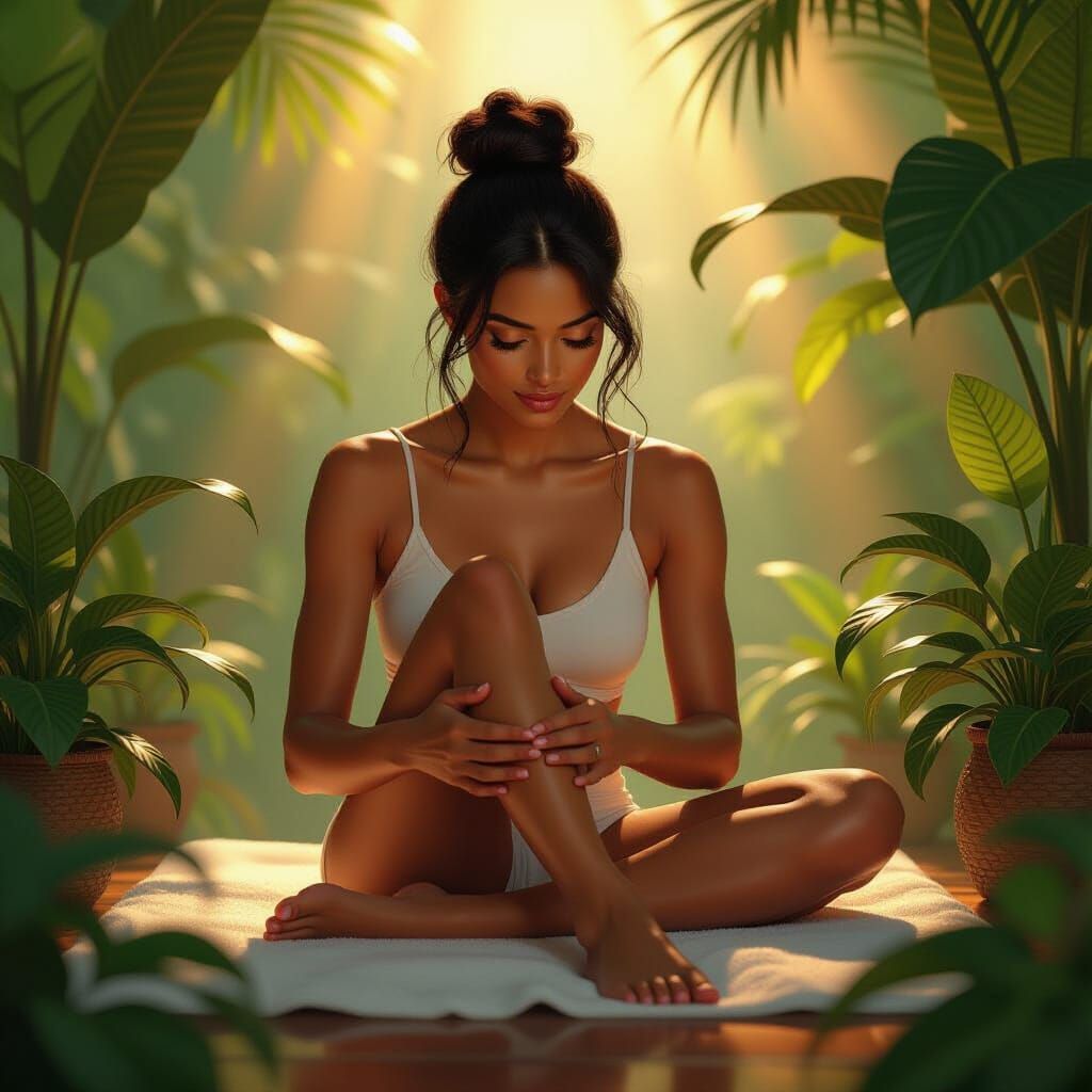 Dark-Skinned Woman Enjoys Foot Massage in Lush Fantasy Setti...