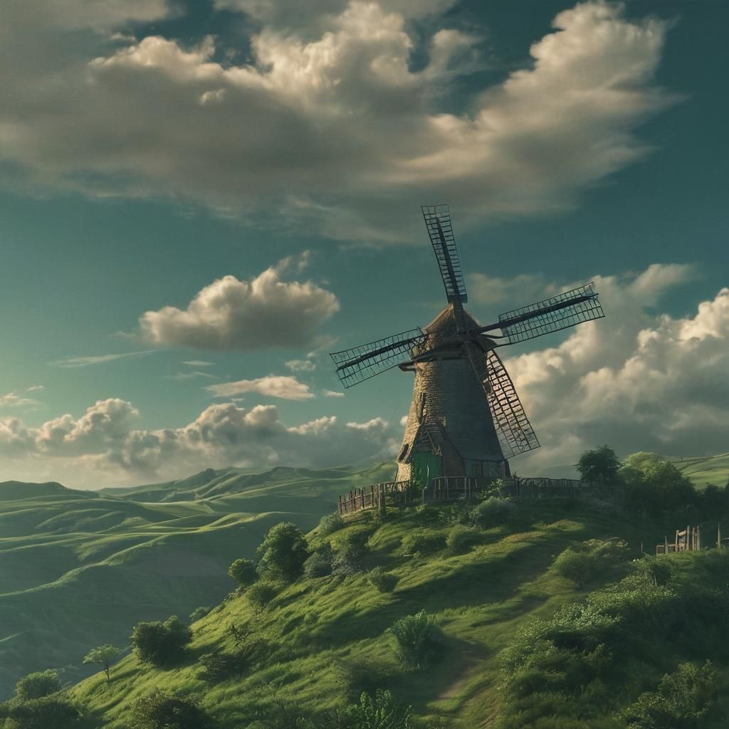 Majestic Windmill on Emerald Hillside: Matte Painting