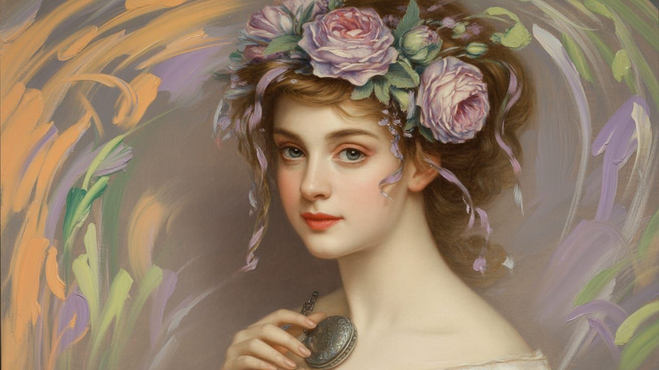 Victorian Woman with Floral Crown, Oil Painting