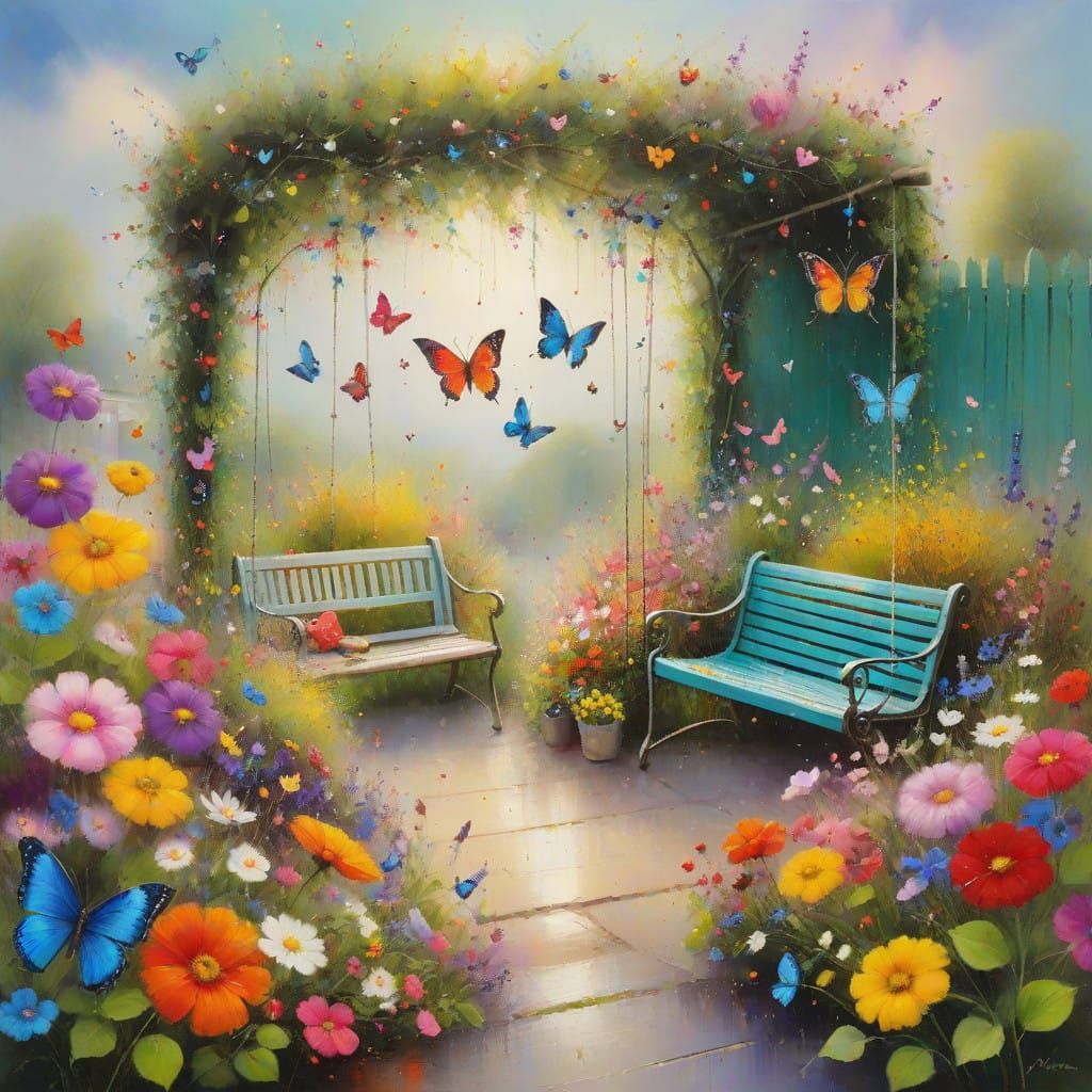 Sunny Garden Oasis in Oil Painting Style