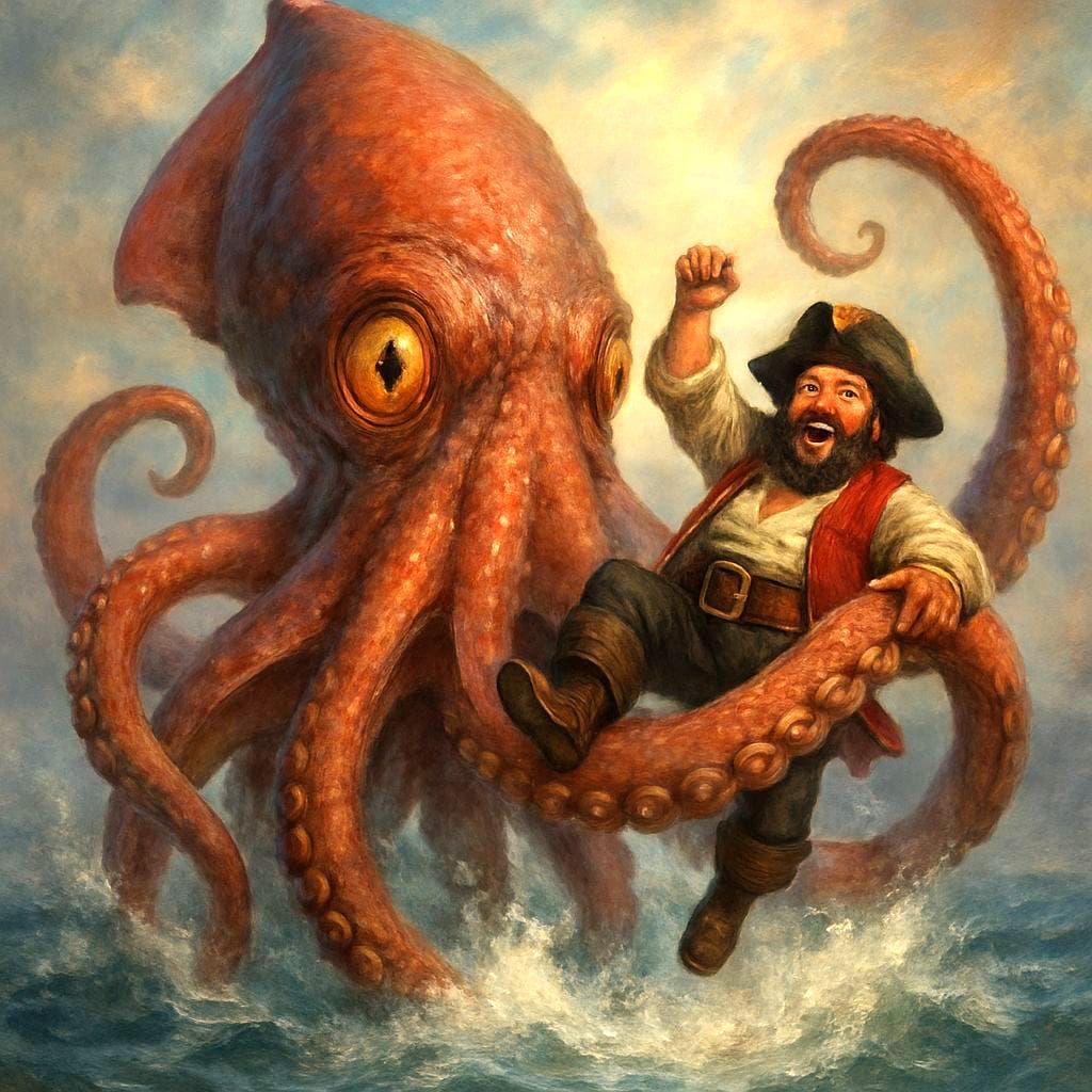 Giant Kraken Rises from Ocean with Pirate