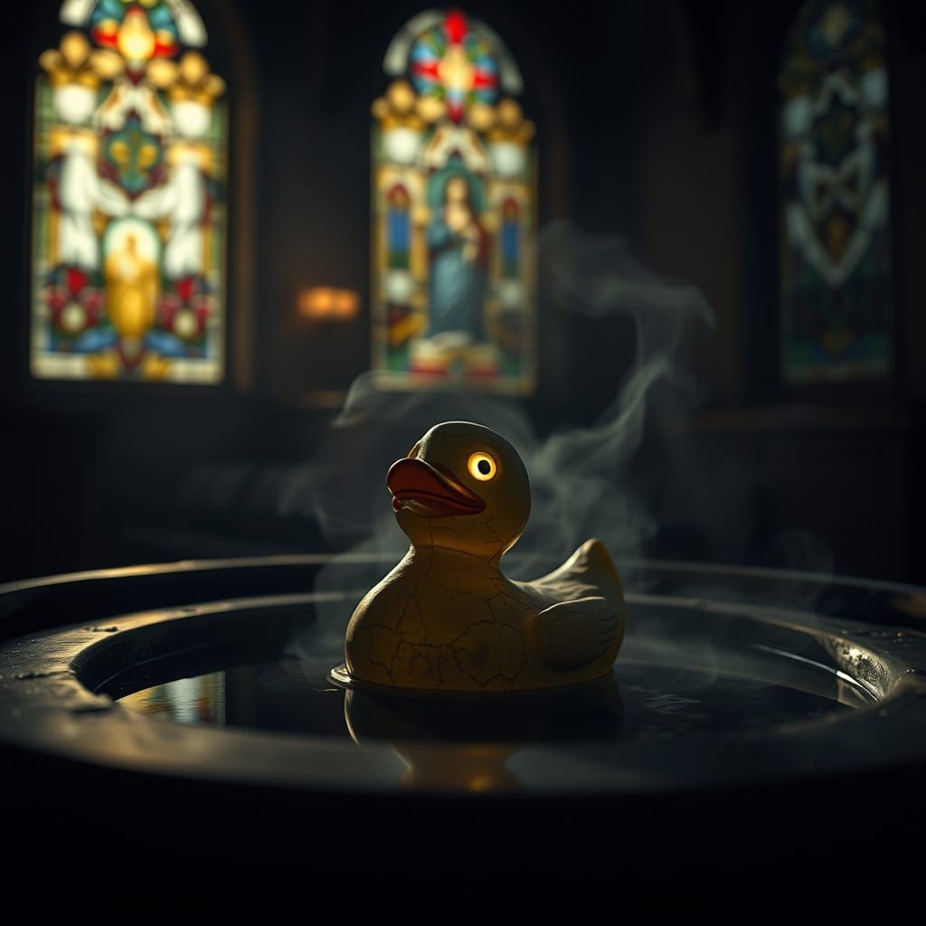 Eerie Rubber Duck in Baptismal Font, Cinematic Still
