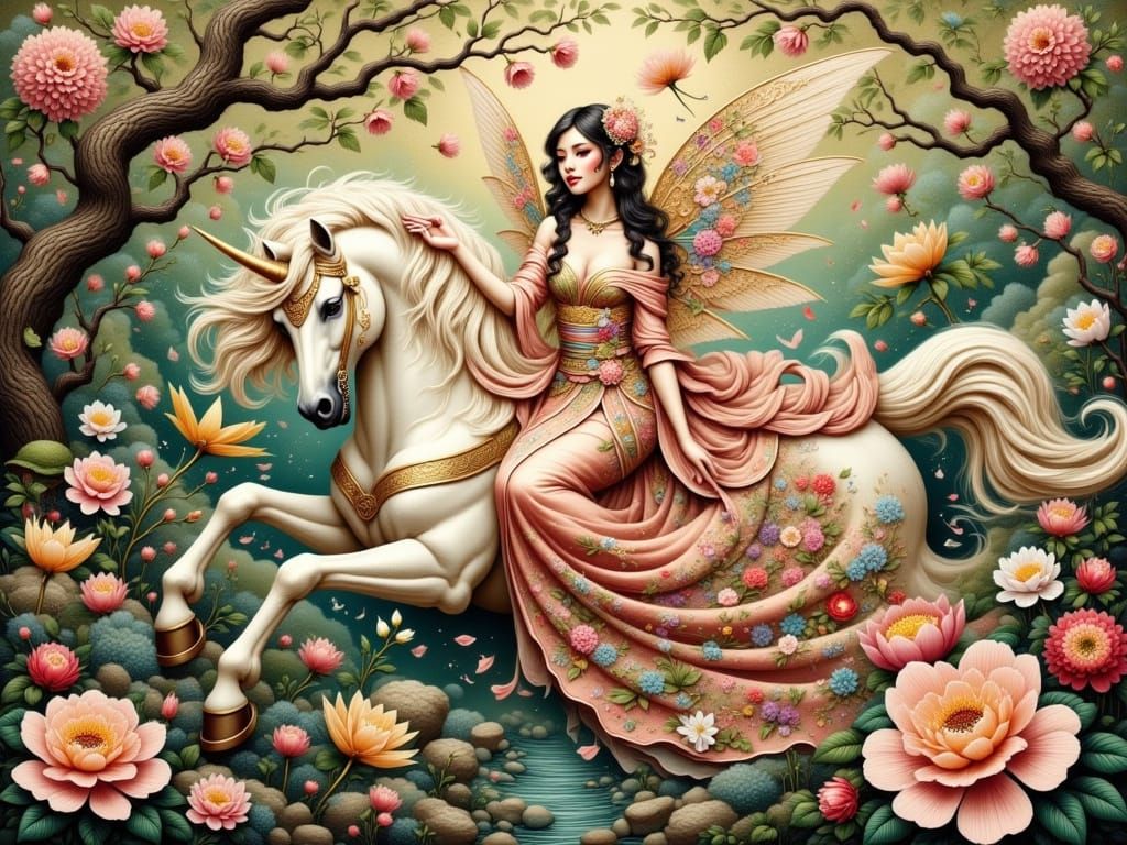 Fairy Riding Unicorn in Whimsical Forest Painting