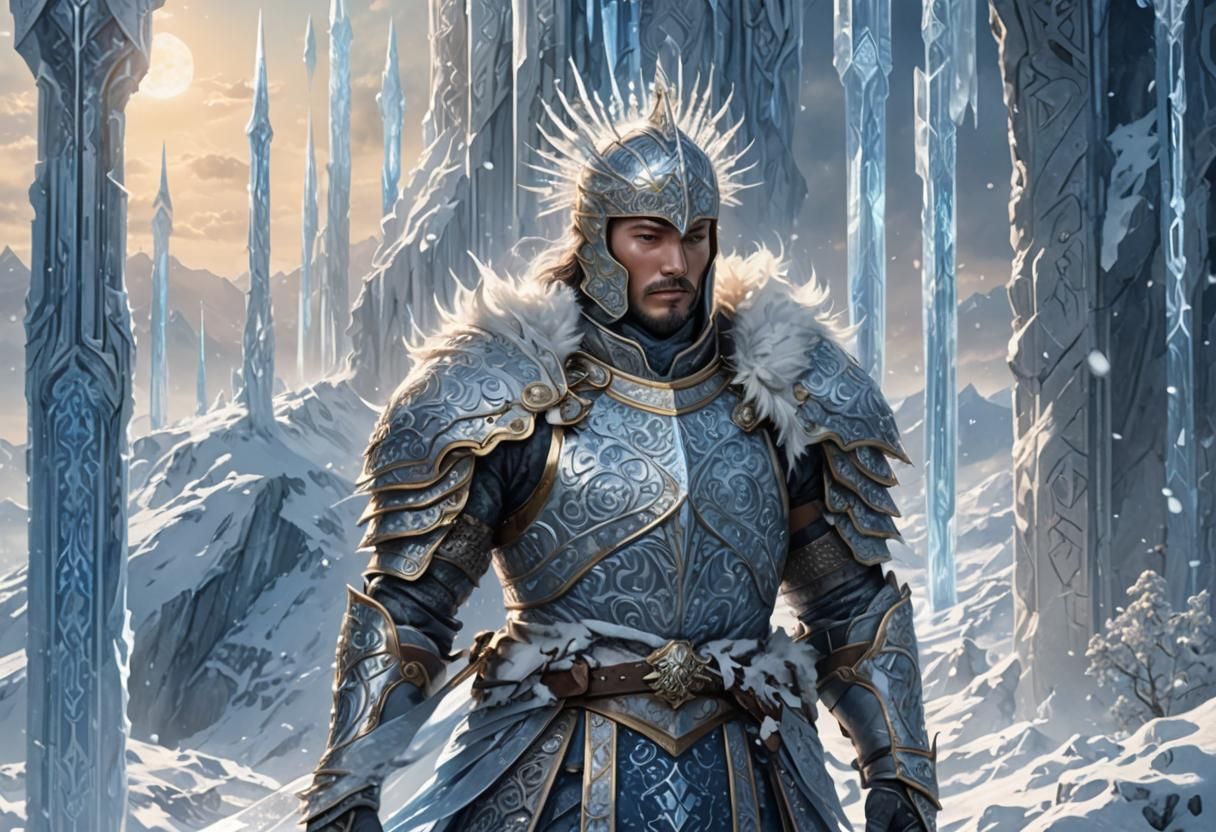 Regal Ice Knight on Snowy Peak: 3D Anime Art