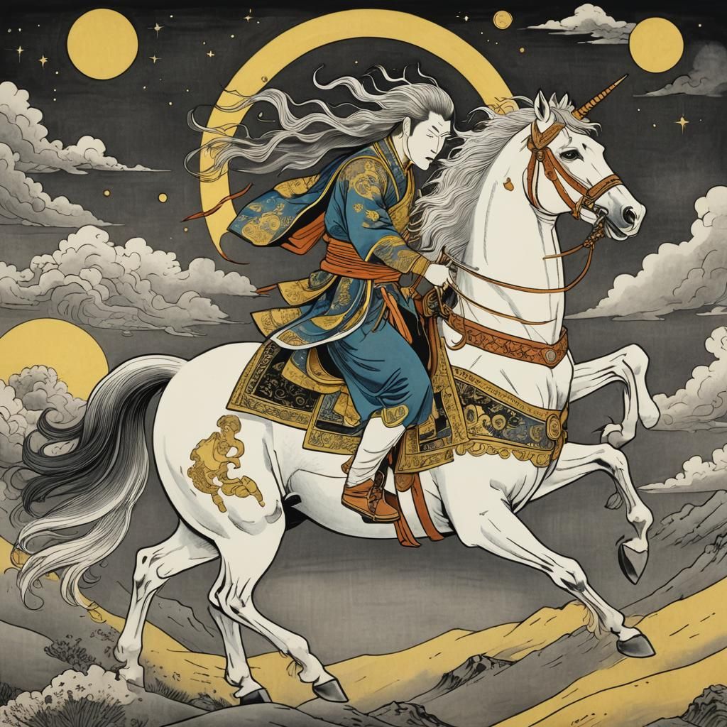 Mongolian Horse God Galloping on Steppe in Ukiyo-e
