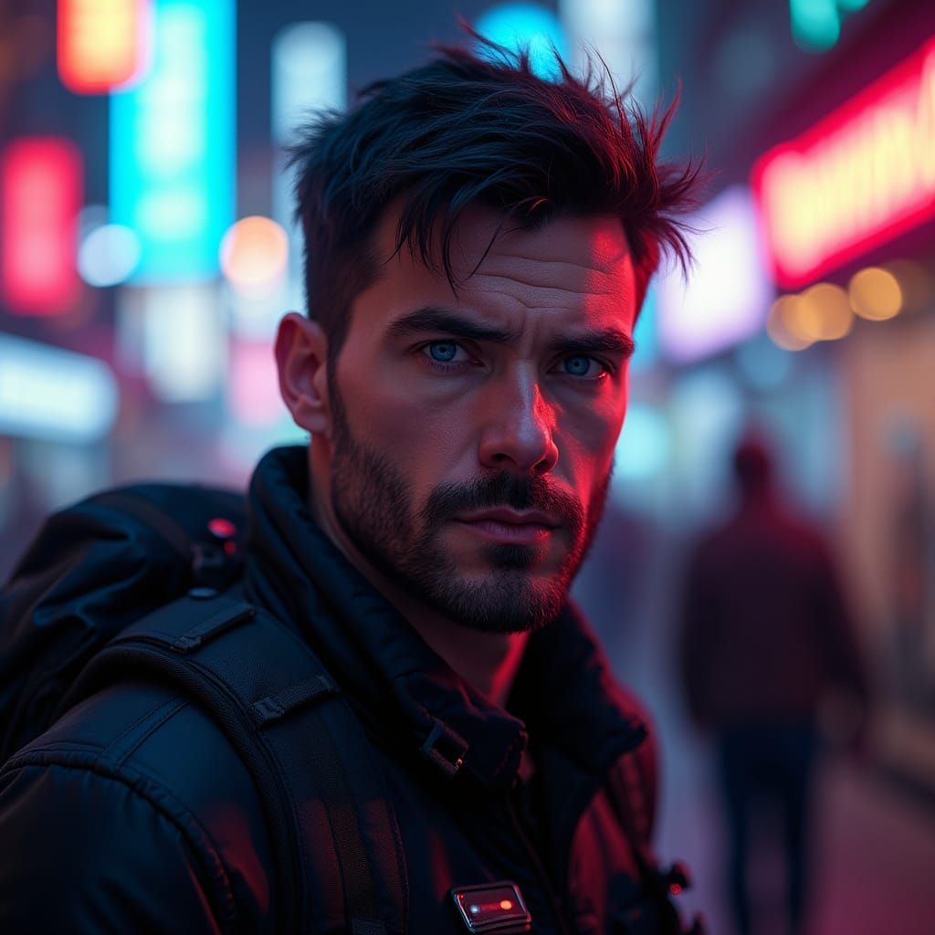 Cyberpunk Man in Neon Cityscape, Hyperrealistic Portrait