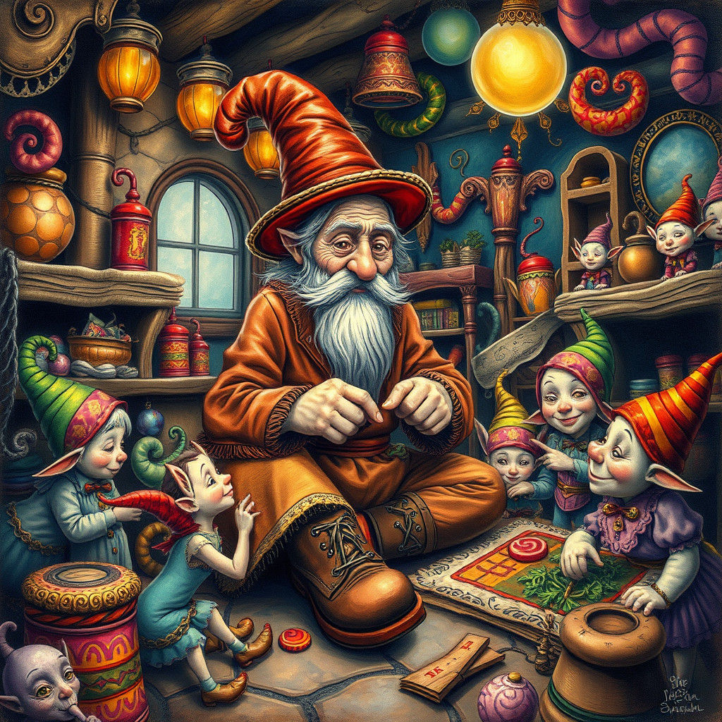 Whimsical Elves in a Fantastical Shoemaker's Workshop