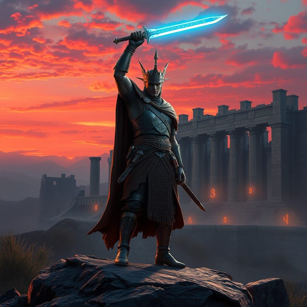 Regal Warrior with Ethereal Sword in Fantasy Landscape