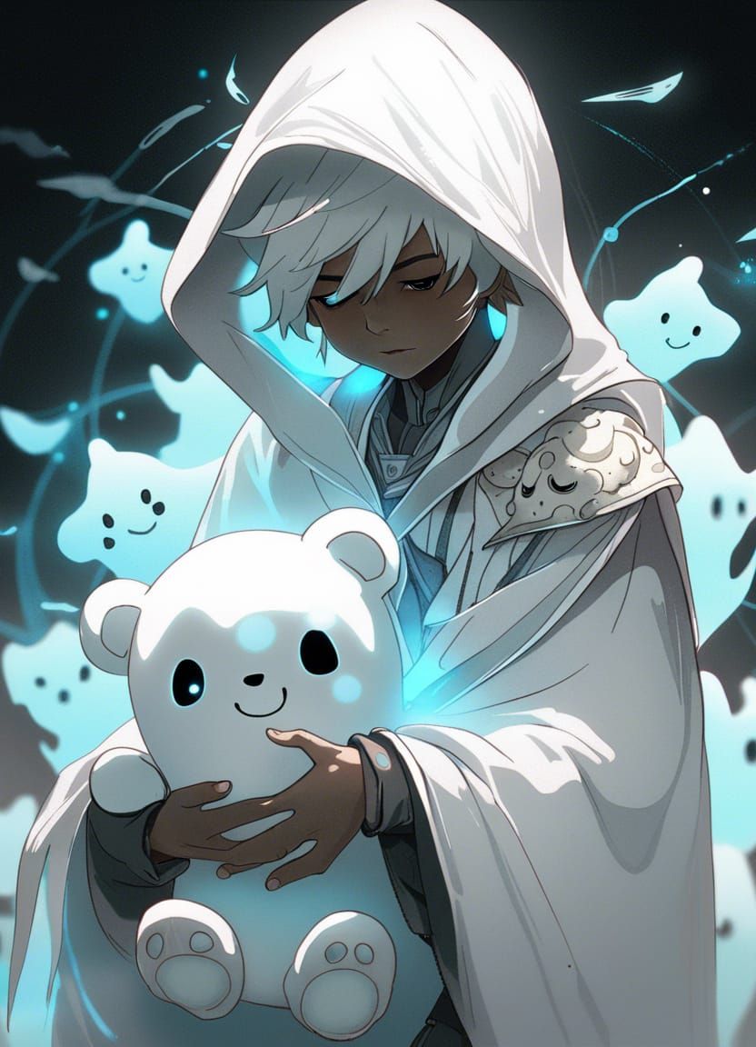 Glowing Ghost Boy with Teddy Bear in Gloomy Light