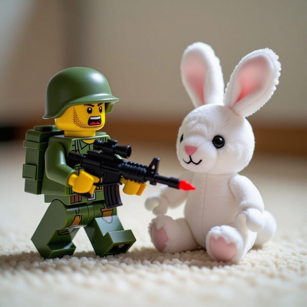 Scary Lego Army Attacks Soft Rabbit Toy