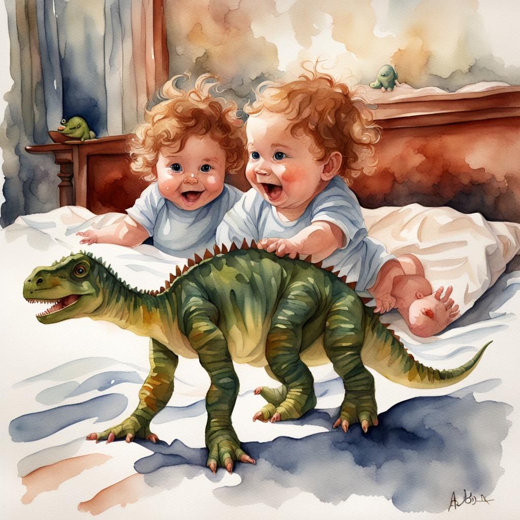Watercolor Baby Dinosaur and Girl, Hyperrealism
