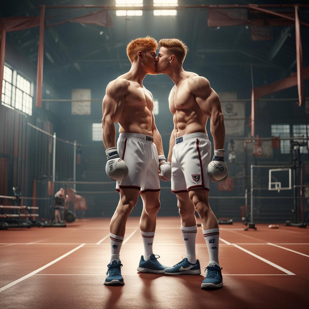 Shirtless Boys Kissing in Gym: Detailed Matte Painting