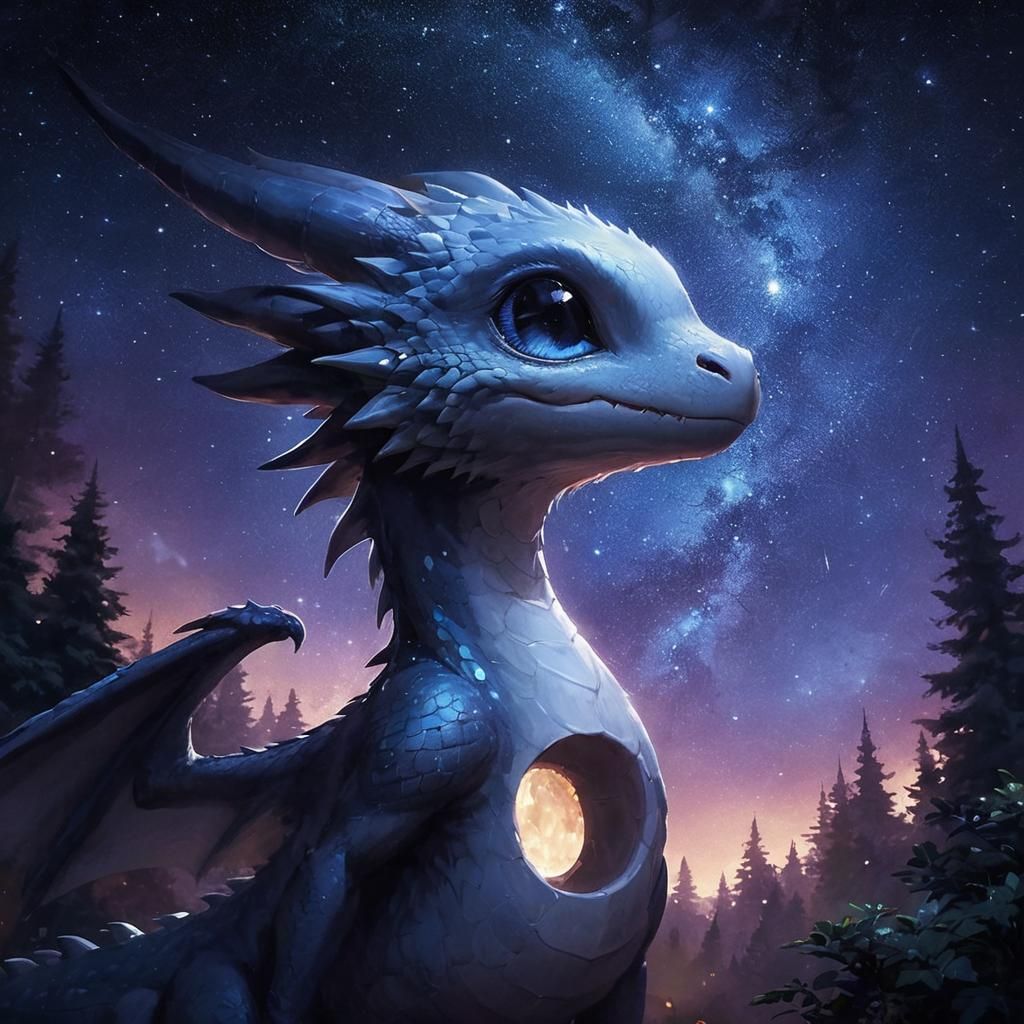 Adorable Dragon with Hole Watching Stars in Anime Art